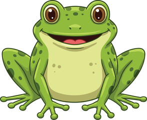 Cute cartoon frog illustration, happy green amphibian character, funny wildlife drawing, adorable smiling frog artwork, pond animal mascot, nature creature design