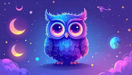 Obraz premium Cartoon owl with big eyes in a dreamy night sky illustration