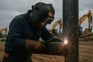 A skilled welder focuses intently on joining metal, creating bright sparks. Industrial work continues on a construction site with heavy machinery in the background.