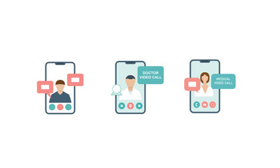 Three smartphones showing video calls with people and chat bubbles isolated on white background