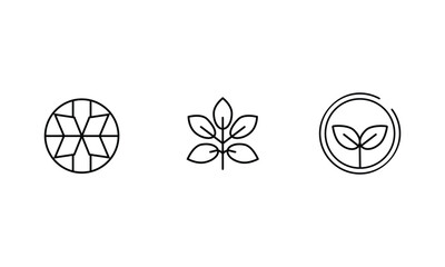 Three abstract line art icons representing a gem leaf and sprout isolated on white background