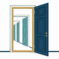 A hallway lined with open doors leading into infinity.