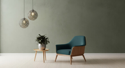 Stylish Interior with Teal Armchair, Round Pendant Lights, and Potted Plant Against a Green Wall Showcasing Contemporary Living Space and Interior Decoration