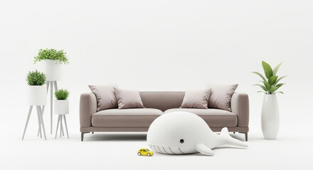 Playful Interior Scene with Sofa and Toy Whale A Bright and Cheerful Room Featuring Potted Plants and a Small Car for a Fun and Inviting Atmosphere