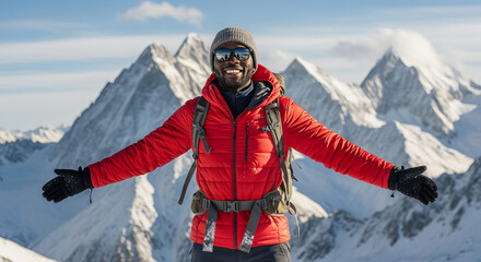 Smiling hiker in red jacket with sunglasses on snowy mountain