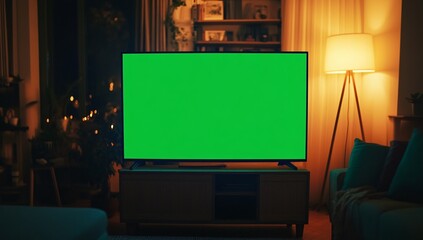 Modern living room at night with a large green screen television ready for custom content creation and immersive entertainment experiences
