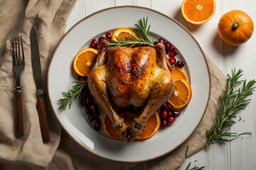 Roasted whole chicken with oranges, cranberries, and rosemary on a platter roasted chicken