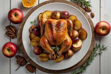 Roasted whole chicken with potatoes, apples, rosemary, and nuts on a wooden board