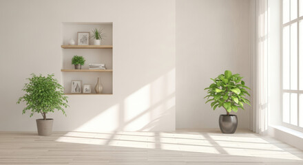 Serene Interior with Natural Light and Green Plants A Modern Room Design Featuring a Built-in Shelf and Minimalist Decor for a Calm and Inviting Atmosphere