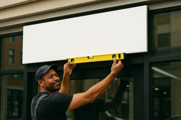 Worker aligning blank white signboard on building facade using level tool for clean display mockup and branding presentation outdoors.