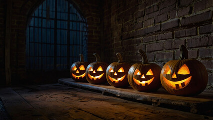 Row of carved glowing jack-o-lanterns on wooden surface in dark brick room halloween