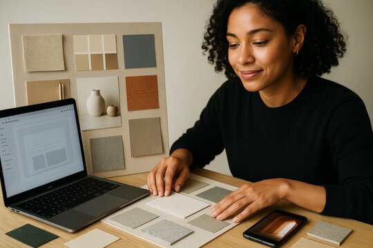 Interior designer selecting material samples with color palette and laptop on wooden desk in light creative workspace background. Ai generative. Ai generative