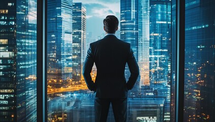 Fototapeta premium Ambitious businessman confidently surveying a dazzling city skyline at night from a modern high rise office window, envisioning future success and growth.
