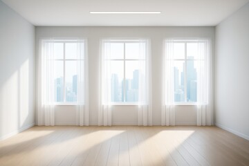 Fototapeta premium Bright modern empty room with large windows and cityscape view in soft daylight, showcasing minimal interior design and contemporary architecture.