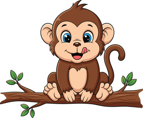 Cute cartoon monkey sitting on tree branch, happy jungle animal character, playful baby ape illustration, wildlife mascot design, tropical forest background