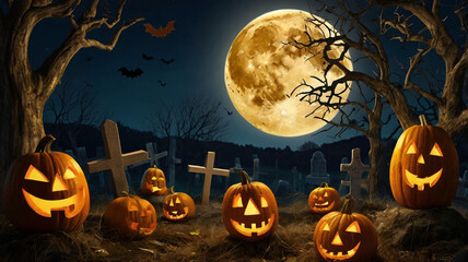 Spooky Halloween Night Scene with Jack-o'- Lanterns and Full Moon jack-o-lantern