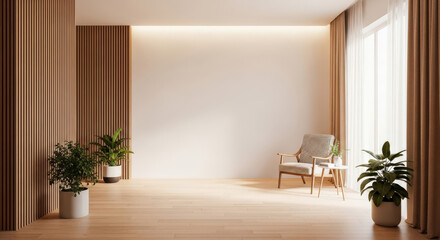 Sophisticated Living Space A Modern Interior with Wood Paneling Curtains and Comfortable Seating Accented by Green Plants Creating a Relaxing and Stylish Atmosphere