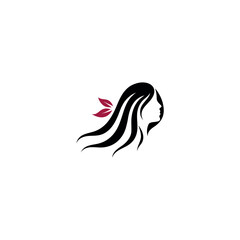 Elegant woman silhouette with flowing hair and black, green leaves featuring natural beauty, wellness, spa, organic products, and eco-friendly brand logo design vector