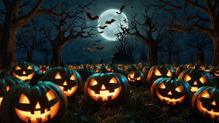 Spooky Halloween night with many glowing jack-o-lanterns and bats in moonlight pumpkin