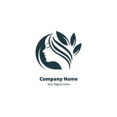 Elegant woman silhouette with flowing hair and black, green leaves featuring natural beauty, wellness, spa, organic products, and eco-friendly brand logo design vector