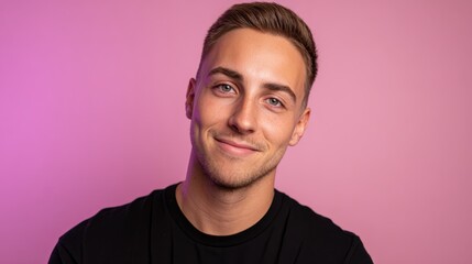 Obraz premium Young man smiling, facing camera on pink background, expressing happiness, youthfulness, and positive emotions, portraiting confidence and contentment