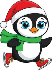 Cute cartoon penguin wearing Santa hat and green scarf, ice skating on winter holiday, Christmas animal mascot illustration, isolated white background