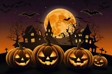 Spooky Halloween Scene with Jack O Lanterns, Haunted Houses, and Full Moon pumpkin