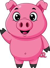 Cute cartoon pig illustration, happy pink farm animal character waving, adorable piglet design, children education, funny drawing, isolated background, playful vector