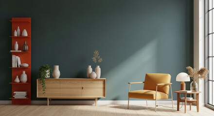 Stylish Living Room with Teal Wall, Orange Accents, Modern Furniture, and Natural Light for a Vibrant and Contemporary Home Interior Design Concept and Decoration