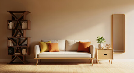 Stylish Living Room Arrangement with a Cream Sofa, Decorative Pillows, Wooden Bookshelf, Side Table, and a Full-Length Mirror Against a Beige Wall