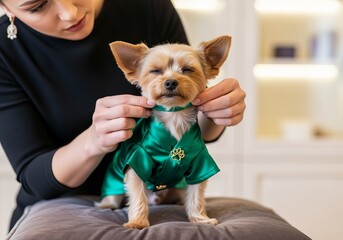 European stylist fitting luxurious outfit on small dog