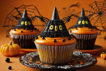 Spooky Halloween Witch Hat Cupcakes with Spider Decorations and Pumpkin image photo
