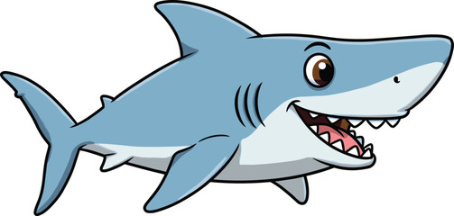Cute cartoon shark illustration with big smile, happy ocean animal character, blue fish mascot, funny sea creature, underwater marine life drawing