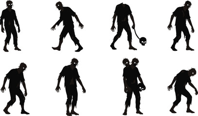 Dark zombie silhouettes in creepy walking poses with skull props, perfect for Halloween horror designs, haunted illustrations, spooky undead artwork, and decorations.