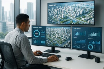Business analyst monitors smart city planning and energy data on modern computer setup in office with cityscape background. Ai generative. Ai generative