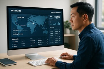 Professional man analyzing global shipment data on logistics dashboard at desk in modern office with natural light and creative background. Ai generative