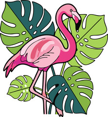Cartoon Pink Flamingo and Monstera Leaves Vector Illustration – Vibrant Tropical Bird and Plant Artwork