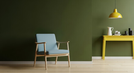 Stylish Interior with a Blue Armchair, Yellow Table, and Green Wall Creating a Bold and Modern Color Palette for a Contemporary Living Space