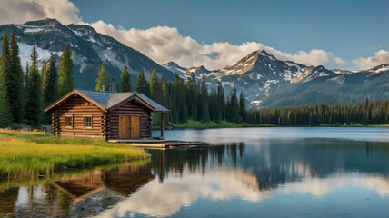 Rustic Log Cabin by Serene Mountain Lake with Snow Capped Peaks and Forest mountains