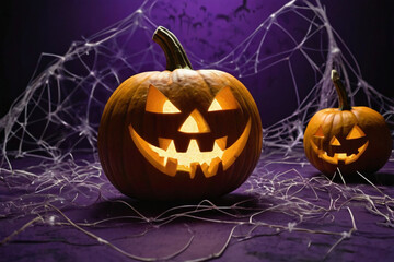 Spooky Jack-o'- Lanterns and Cobwebs on a Purple Halloween Background pumpkin jack-o-lantern