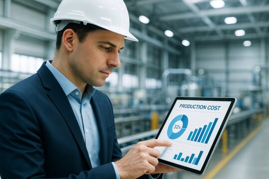 Engineer in hard hat analyzing production cost data on digital tablet with bar and pie charts in modern factory setting on blurred background. Ai generative