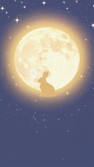 Naklejka premium A silhouette of a rabbit and large, glowing full moon in a starry night sky. Mid-Autumn Festival, a traditional Asian celebration