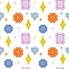 Vibrant geometric gemstones pattern with diamonds and crystals in purple featuring precious stones design Vector illustration hand drawn flat style .