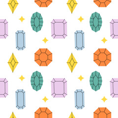 Vibrant geometric gemstones pattern with diamonds and crystals in purple featuring precious stones design Vector illustration hand drawn flat style .