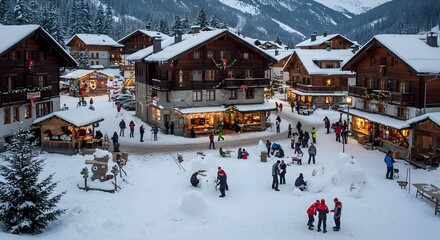 Snowy village scene winter season