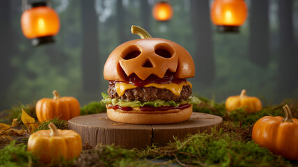 Spooky Pumpkin Burger for Halloween with Mini Pumpkins and Lanterns Keywords: halloween, burger, pumpkin, spooky