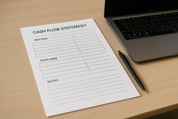 Blank cash flow statement template on wooden desk with pen and laptop, minimal business concept for financial planning and office work scene. Ai generative