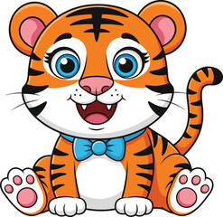 Cute cartoon tiger cub sitting with blue bow tie, happy jungle animal illustration, adorable baby tiger clipart, smiling wildlife character art