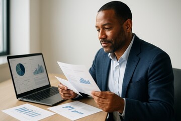 Businessman analyzing financial documents at desk with laptop and charts in office on bright light background. Concept of data analysis and planning. Ai generative