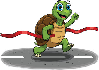 Cute cartoon turtle character running race, crossing finish line, happy expression, winner mascot illustration, funny animal design for children education